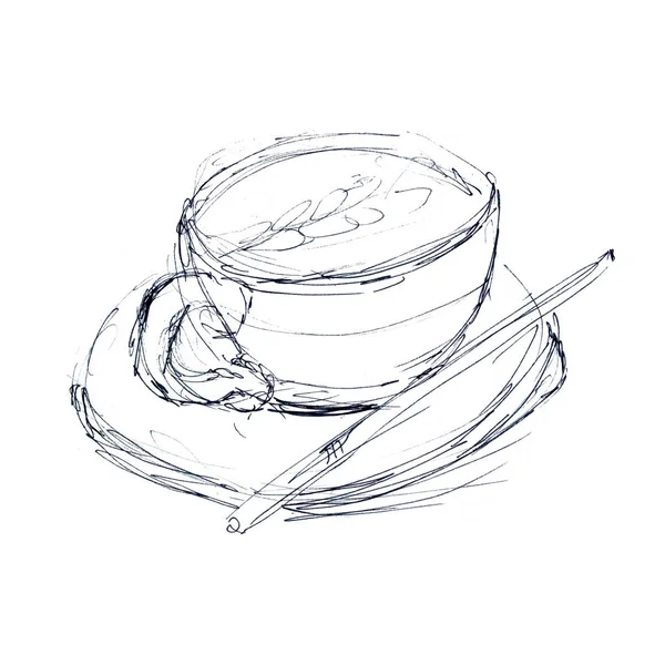 Taza de café expreso con leche con un patrón en la espuma - boceto lineal dibujado a mano con un revestimiento negro —  Fotos de Stock