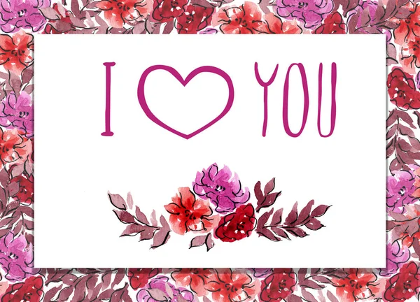 Happy Valentains Day: Hand writing illustrations for the winter holidays: cute lettering and flowers vignette - I love you, you are cute, be mine, isolated objects for a card, background or postcard — Stock Photo, Image