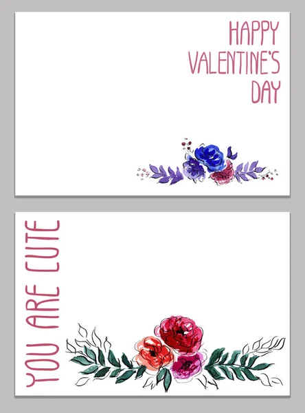 Happy Valentains Day: Hand writing illustrations for the winter holidays: cute lettering and flowers vignette - I love you, you are cute, be mine, isolated objects for a card, background or postcard