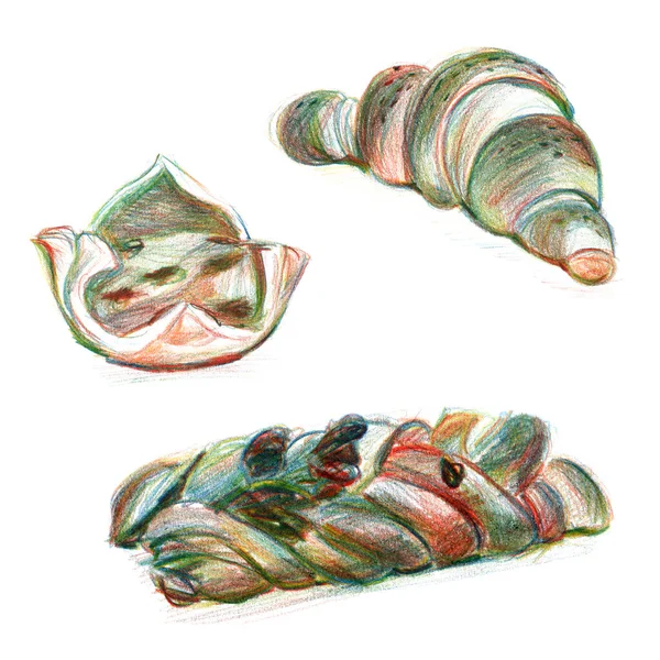 Sütő fonott, croissant, egy kosár puff tészta szórófejekkel és töltelékkel - kézzel rajzolt illusztráció színes ceruzával készlet — Stock Fotó