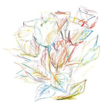 Yapraklı bir buket gül, çok renkli - renkli kalemlerle çizilmiş resimler