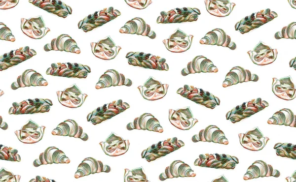 Bezešvé vzory čerstvých cukrářských výrobků: croissanty, proutěné koše, košíky na pečivo vícebarevné - kreslené ilustrace s barevnými tužkami — Stock fotografie