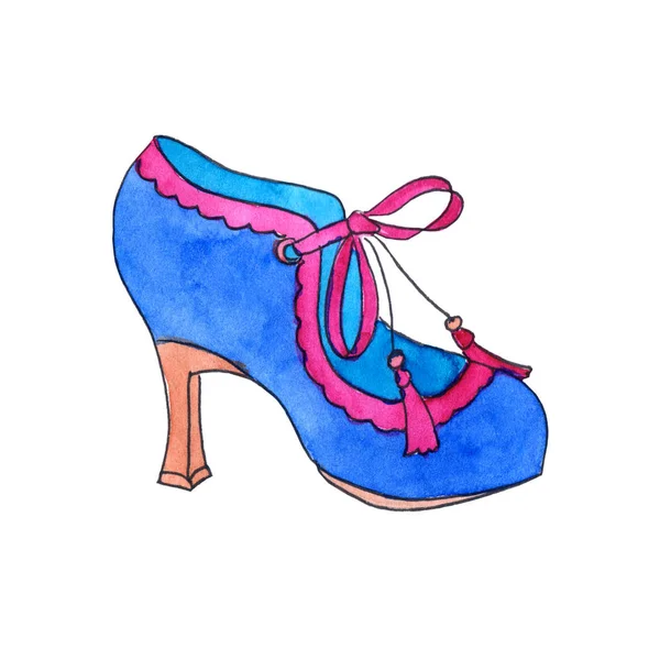 Retro shoe shoe: blue velvet with pink frills and tassels with tassels on low heels with a glass - hand-drawn watercolor illustration