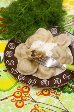 Ready-made dish - dumplings, ravioli stuffed with buckwheat and mushrooms - food photo