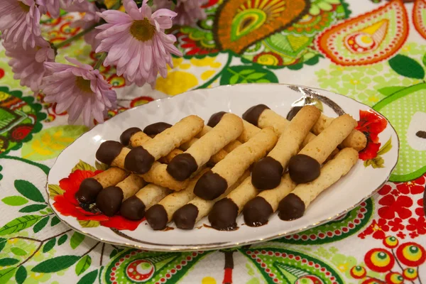 Biscoitos Caseiros Prontos Forma Fósforo Com Cobertura Chocolate Prato — Fotografia de Stock