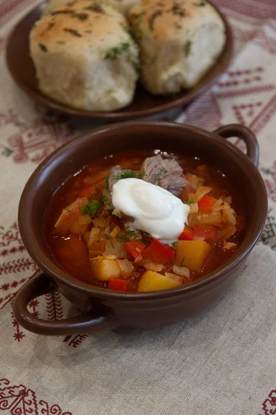 Prato Quente Pronto Sopa Borscht Vermelho Com Carne Legumes Uma — Fotografia de Stock