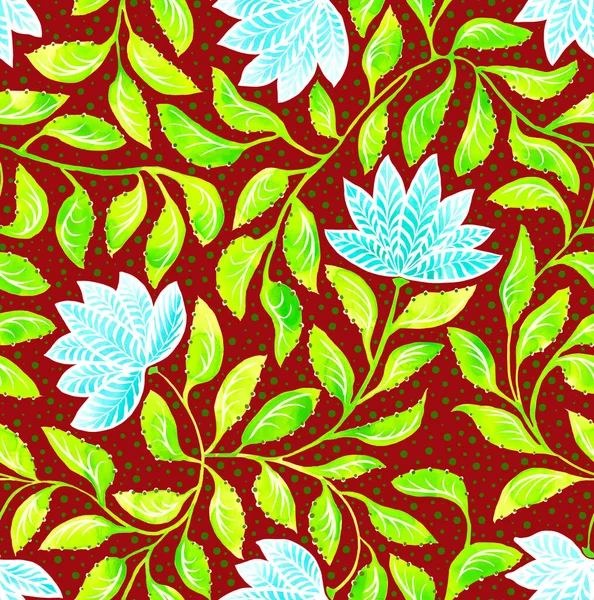 Seamless Pattern Blue Watercolor Flowers Green Leaves Ornament Red Background — Stock Photo, Image