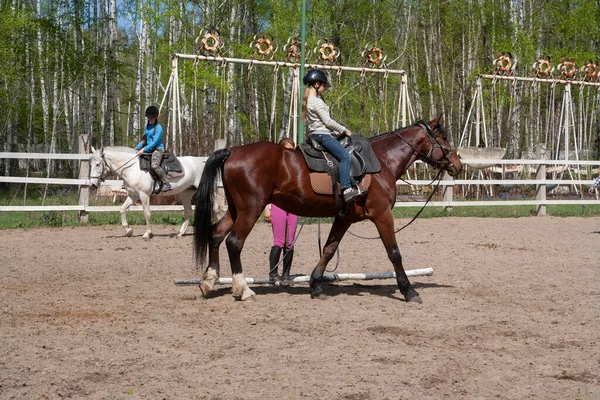 2015年5月10日：马术课- -教孩子骑马，第一课，教女孩骑马，教教练 — 图库照片