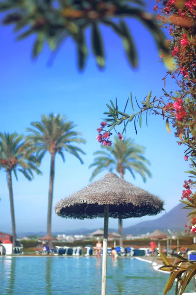 Chapeau Paille Lunettes Soleil Sur Chaise Longue Près Piscine Fond — Photo