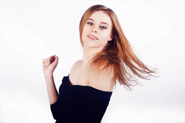 Barna Lány Hosszú Fényes Haj Gyönyörű Modell Frizura Táncolni Nagyon — Stock Fotó