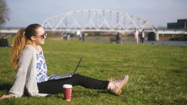 Una Ragazza Seduta Nel Parco Sull Erba Parlare Videocomunicazione Uno — Video Stock