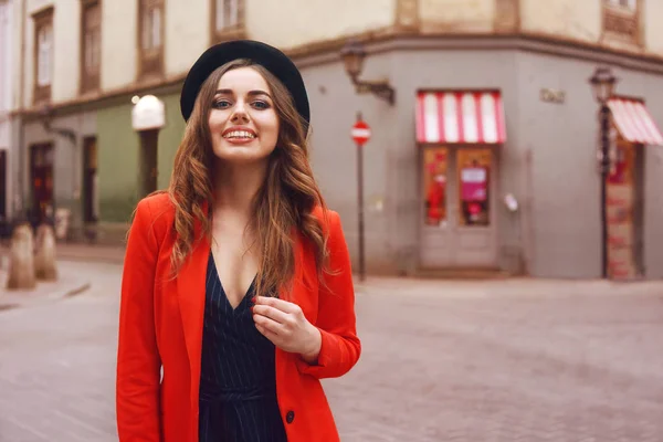 Stylish Hipster Girl Posing Front Old Street City Trendy Young — Stock Photo, Image