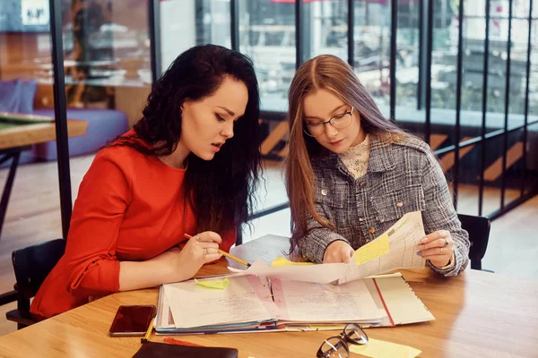 Les filles du bureau travaillent sur un projet. Les filles aident e — Photo