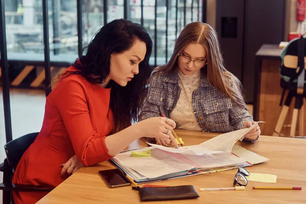 Les étudiantes font leurs devoirs ensemble à l'université à — Photo