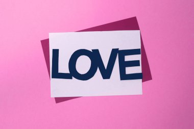 Word love on a pink background. Gift card, certificate, place fo