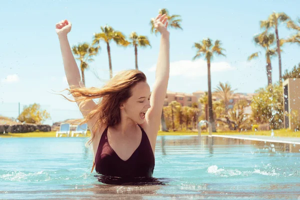 Happy Girl Pool Blonde Long Hair Red Bathing Suit Girl — Stock Photo, Image