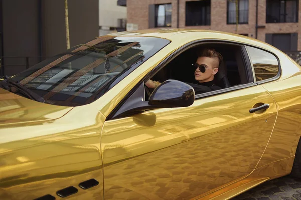 Businessman Sitting Golden Car Man Driving Car Driver Chic Man — Stock Photo, Image
