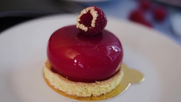 Dessert Restaurant Himbeeren Himbeeren Auf Einem Schönen Hintergrund Mit Dessert — Stockvideo