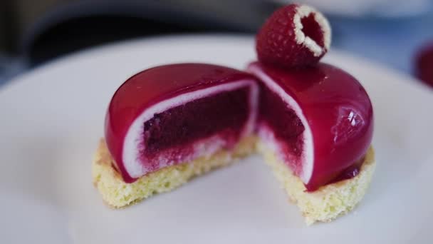 Dessert Restaurant Himbeeren Himbeeren Auf Einem Schönen Hintergrund Mit Dessert — Stockvideo