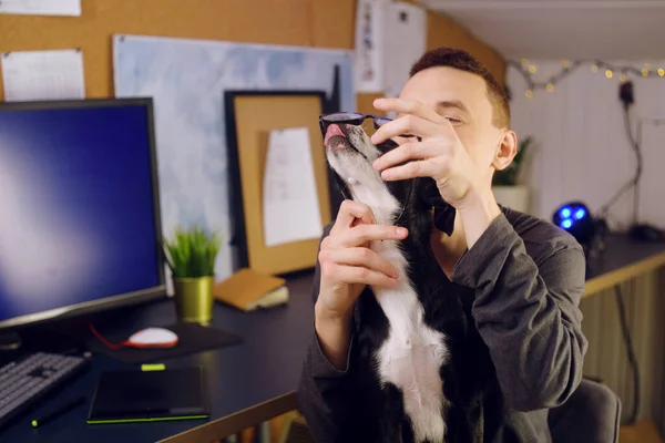 Dog Prevents Owner Working Dog Took Glasses Owner Face Nibbles — Stock Photo, Image