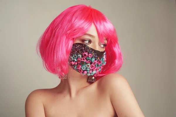 Girl Bright Pink Hair Anime Mask Flowers Spring Joy People — Stock Photo, Image