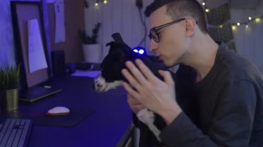 Köpek, erkeğin ellerine oturur. Evde çalışan bir adam, grafik tasarımcısı, evde köpekle serbest çalışan bir yaratıcı. Evcil hayvan evde çalışmayı zorlaştırıyor. Bir adam yeşil ekrana bakıyor..