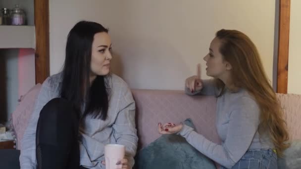 Two Friends Sitting Sofa Home Fighting Girls Arguing Loudly Shouting — Stock Video