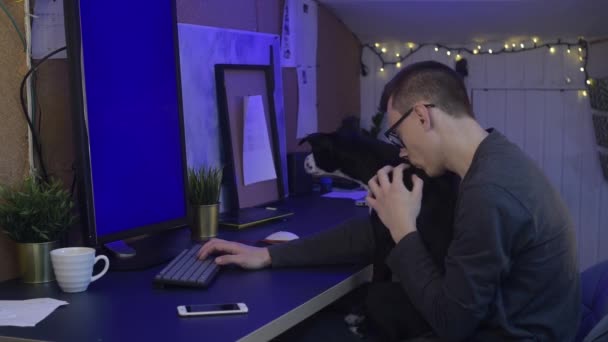 Hond Zit Mensenhanden Een Man Werkt Thuis Maker Werkt Thuis — Stockvideo