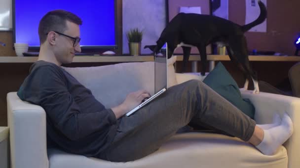 Evdeki Adam Elinde Dizüstü Bilgisayarla Kanepede Oturuyor Köpekle Oynuyor Adam — Stok video