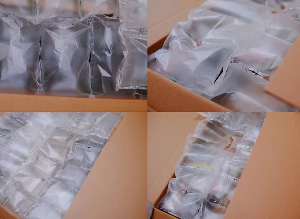 Paketleme için hava yastıkları. Online mağazadan gelen teslimat iyi paketlenmiş plastik yastıklar, hava yastığı içindeki ürünleri korumak için havayla birlikte plastik. İyi paket.