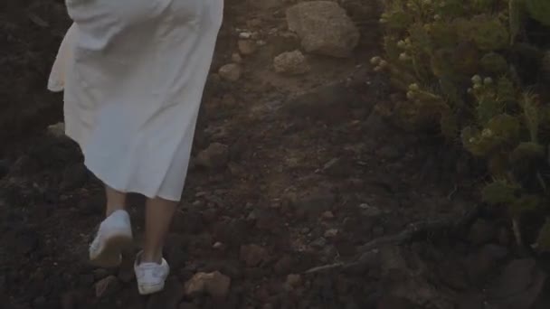 日落时 一个女孩沿着夏之岛散步 一个穿着漂亮衣服和白色长裙的姑娘的腿在山上和石头上走着 大气录像 — 图库视频影像
