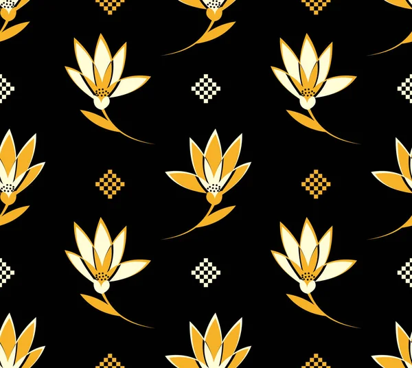 Blume nahtloses Muster mit gelben Blüten auf schwarz — Stockvektor