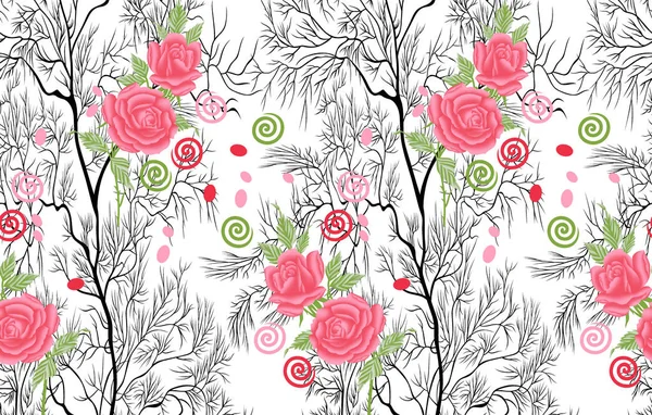 Nahtloser Rosenblütenrand Mit Baum — Stockfoto