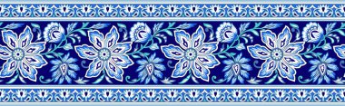 Geleneksel Asya tasarım elementleriyle kusursuz mavi çiçekli kenar
