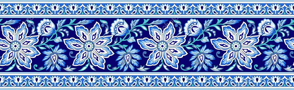 Seamless blue floral border with traditional Asian design elements