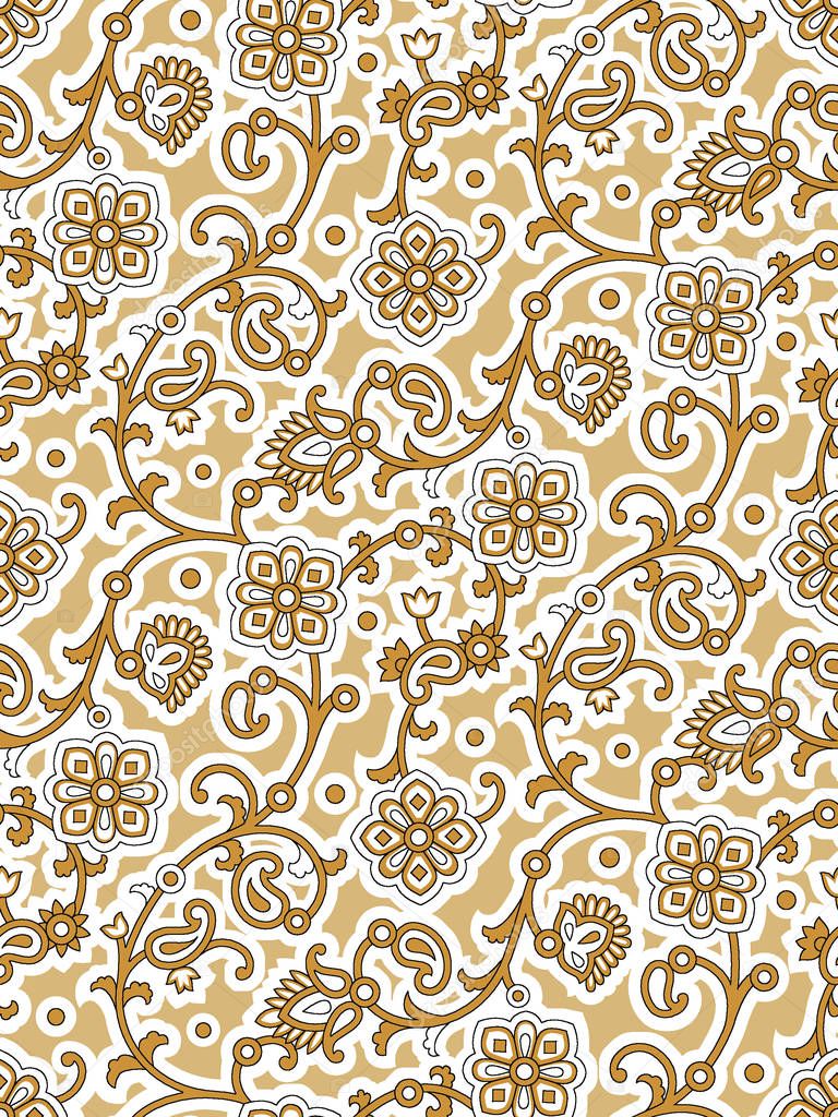 Seamless yellow textile flower and paisley pattern