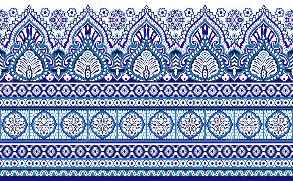 Seamless blue border with traditional Asian design elements on white background