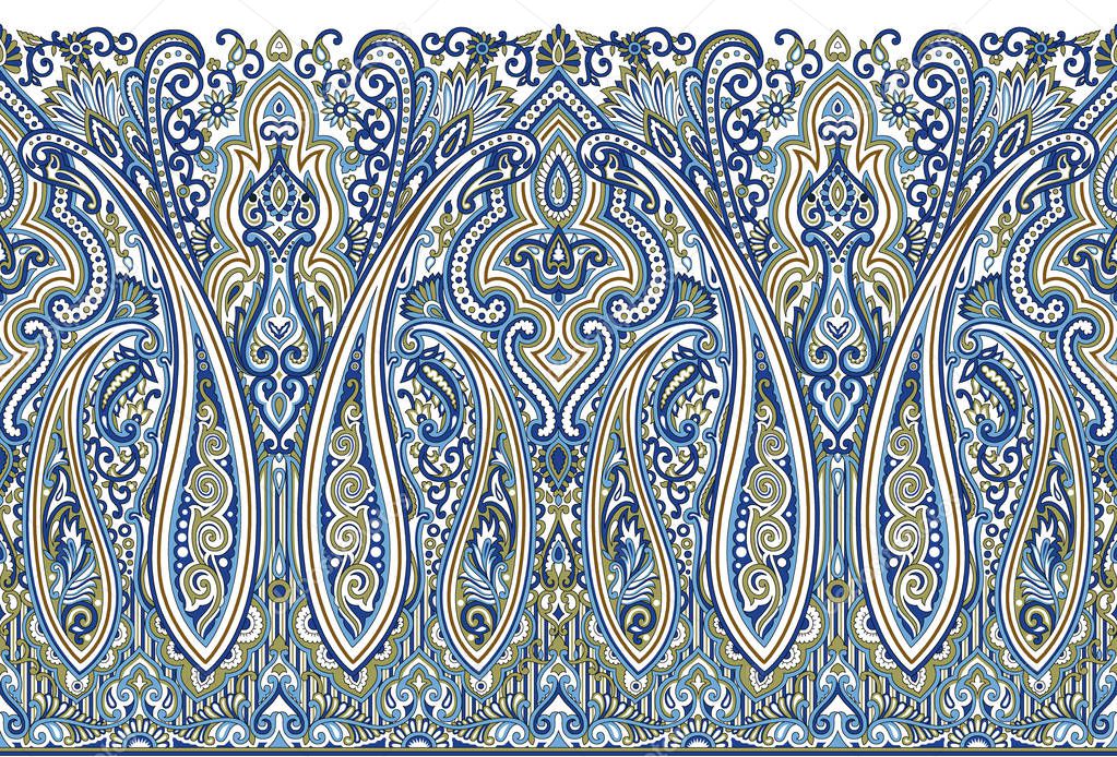 Seamless blue paisley border with traditional Asian design elements on white background