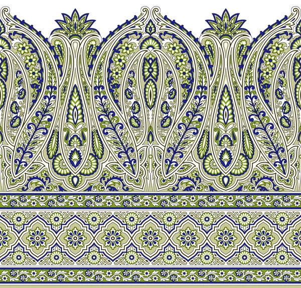 Seamless blue paisley border with traditional Asian design elements on white background