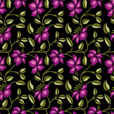 Siyah arkaplanda kusursuz sevimli çiçek deseni tasarımı