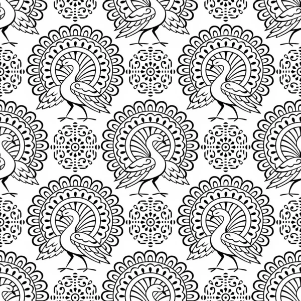 Seamless black and white traditional Asian peacock pattern design — Stock Vector