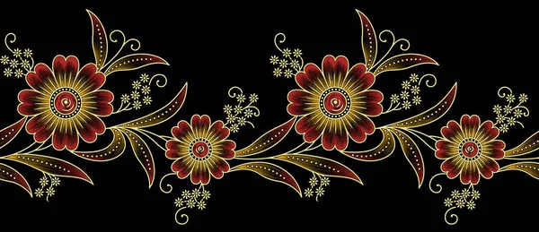 Bordure Florale Textile Asiatique Sans Couture Sur Fond Noir — Photo