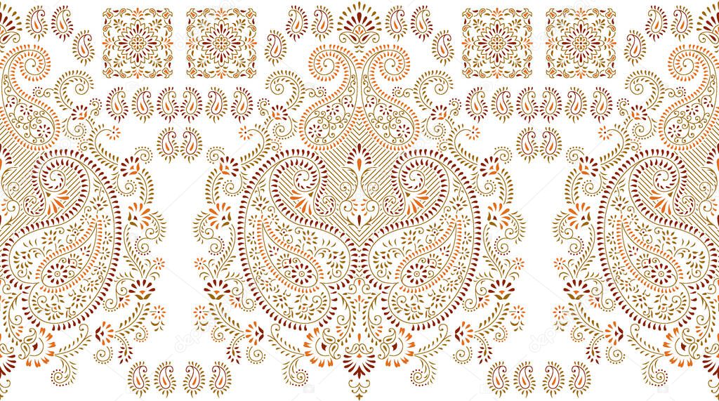 Seamless brown paisley border on white background with traditional Asian design elements
