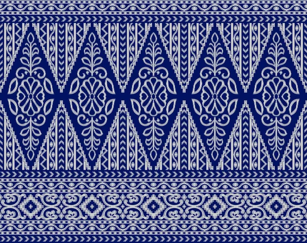 Seamless Tribal Flower Border Blue Background — Stockfoto