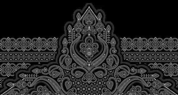 Bezešvé Černé Bílé Okraje Paisley Tradičními Asijskými Designovými Prvky — Stock fotografie