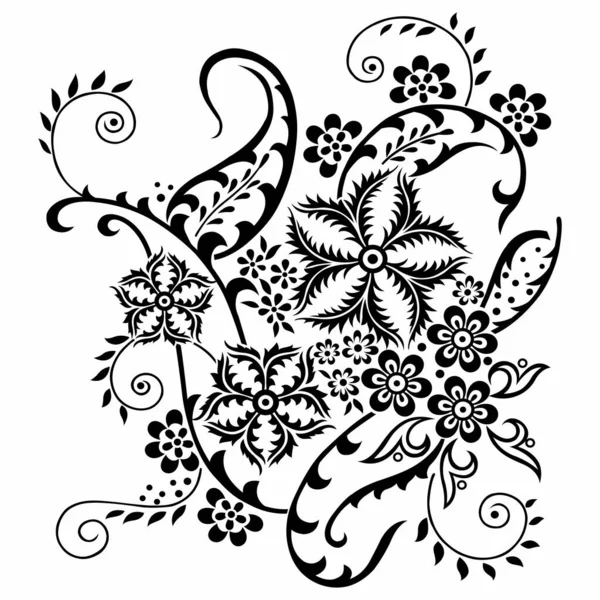Svart Och Vit Paisley Design Med Blommor — Stock vektor