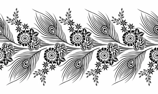 Bordure Plumes Paon Noir Blanc Sans Couture Avec Des Fleurs — Image vectorielle