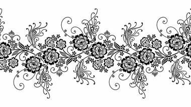 Tüyleri ve çiçekleri olan siyah beyaz bir sınır
