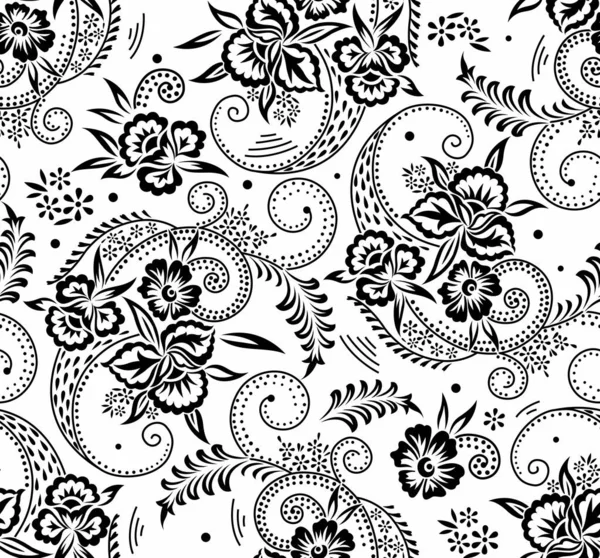 Design Padrão Floral Swirly Preto Branco Sem Costura — Vetor de Stock