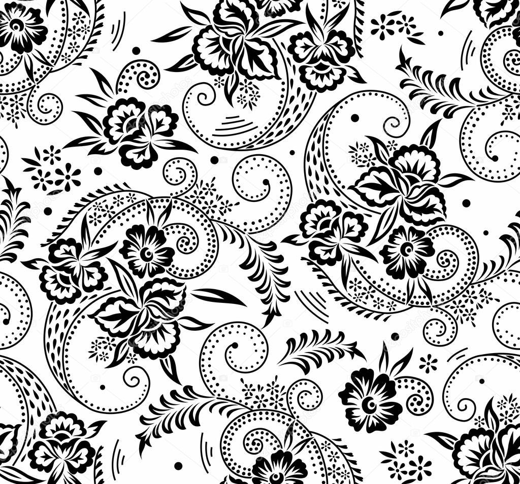 Seamless black and white swirly floral pattern design